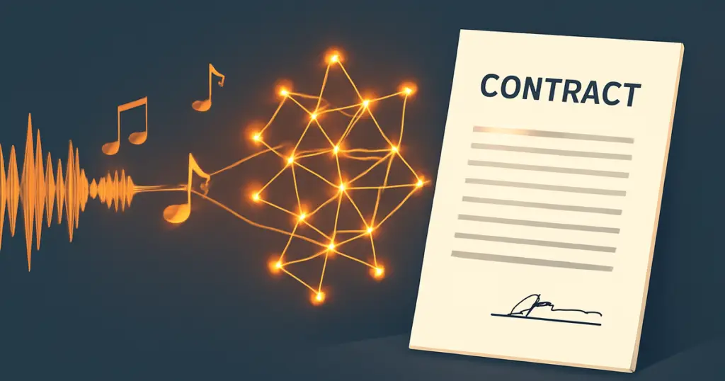 AI music licensing concept — waveform, neural network, and contract