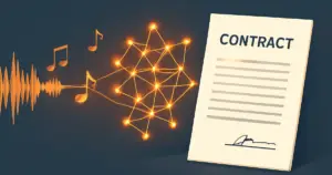AI music licensing concept — waveform, neural network, and contract