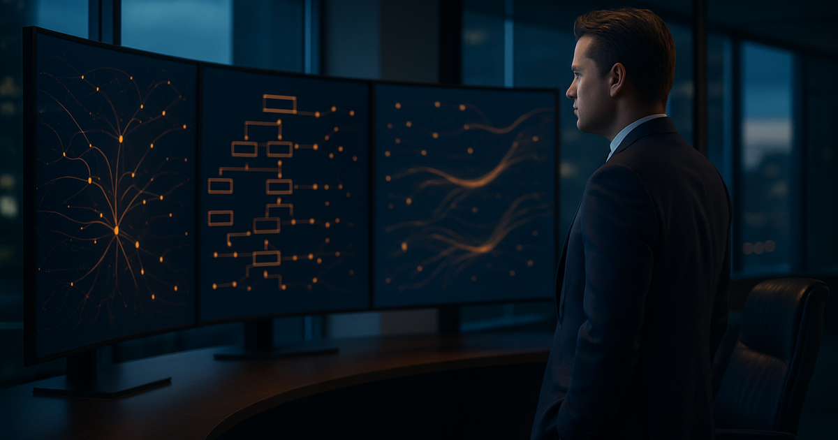 AI agent liability — a business executive overseeing autonomous AI systems making decisions in a modern East Coast office