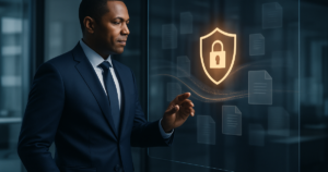 AI trade secret theft — a business executive reviewing data security and confidential files in a modern East Coast office