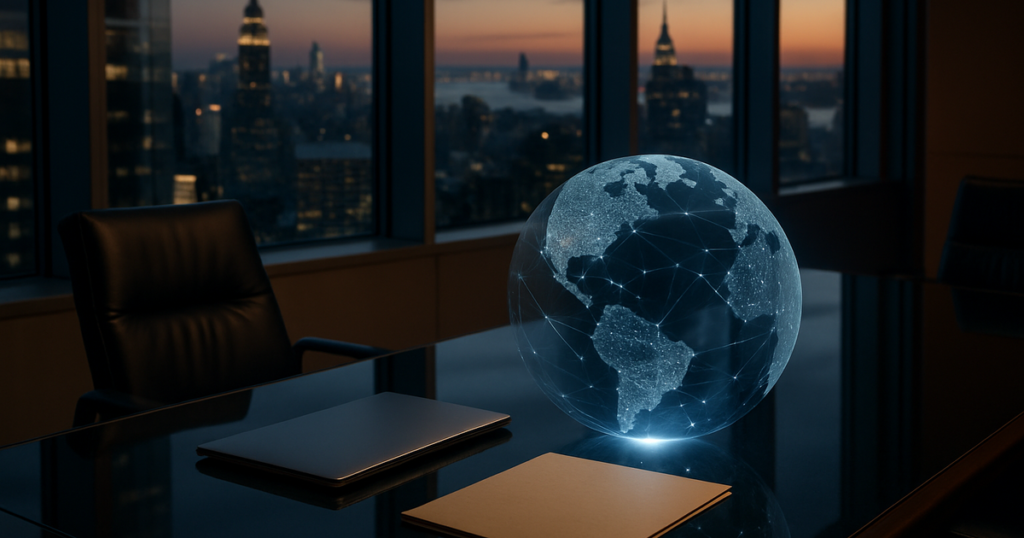 AI export controls — Manhattan corporate boardroom with a networked globe at dusk
