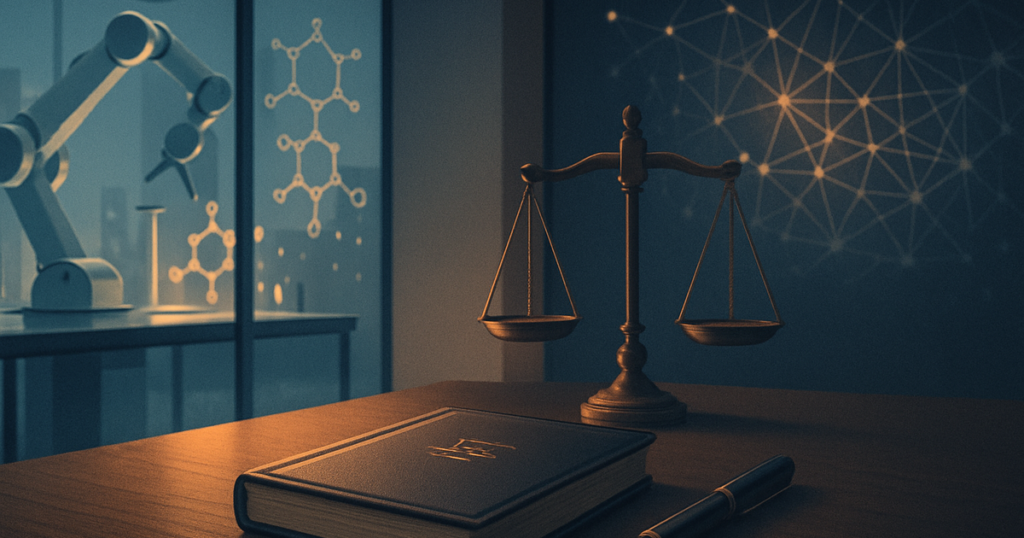 AI-generated inventions — a research scientist reviewing patent documents in a modern East Coast laboratory