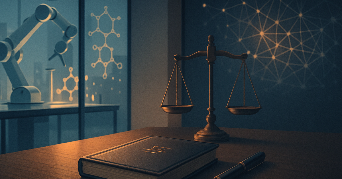 AI-generated inventions — a research scientist reviewing patent documents in a modern East Coast laboratory