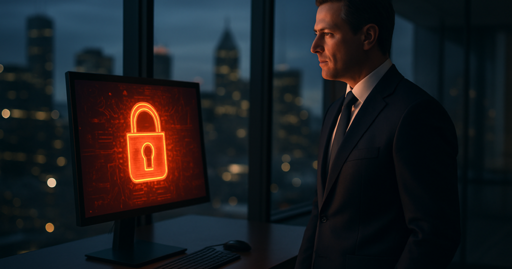 AI ransomware attack — a business owner reviewing a data breach alert on a locked server screen in a professional office