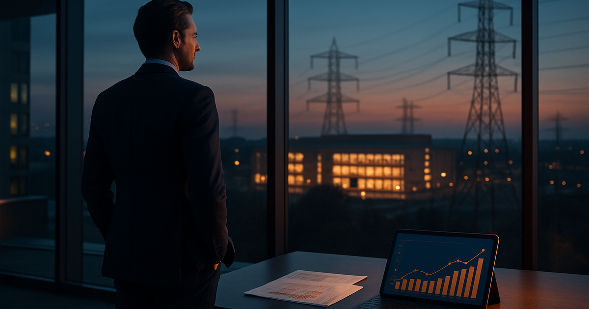 Data center energy costs — a business owner watching a data center and power lines at dusk as commercial electricity rates rise