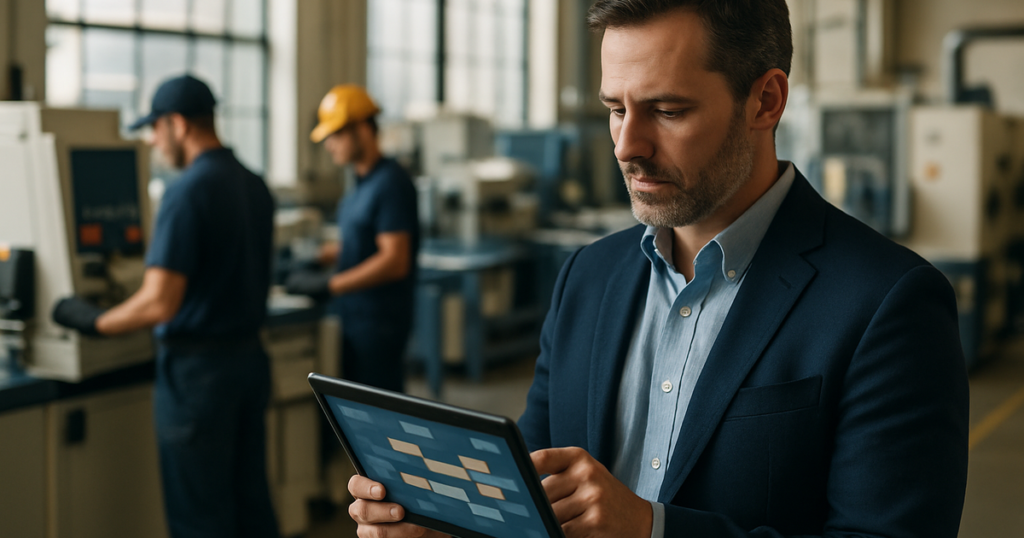 Worker classification — an operations manager reviews an on-demand staffing app schedule on a factory floor