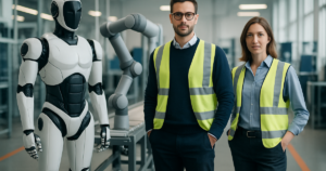 Workplace robot liability — a humanoid robot working alongside employees on a modern East Coast factory floor