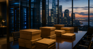 Employee data in bankruptcy — archived personnel file boxes beside a server rack in a dusk-lit corporate office