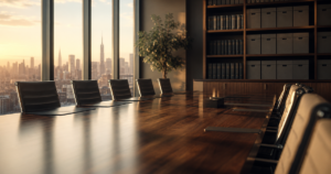 Selling company data — law office conference room with archived corporate records