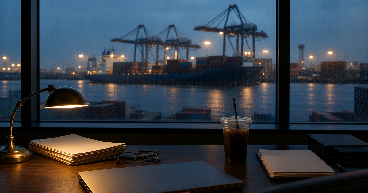 Entity List screening compliance office overlooking a container port at dusk