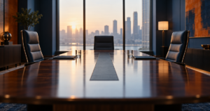 Business deadlock: two chairs facing each other across a boardroom table, with an empty third chair