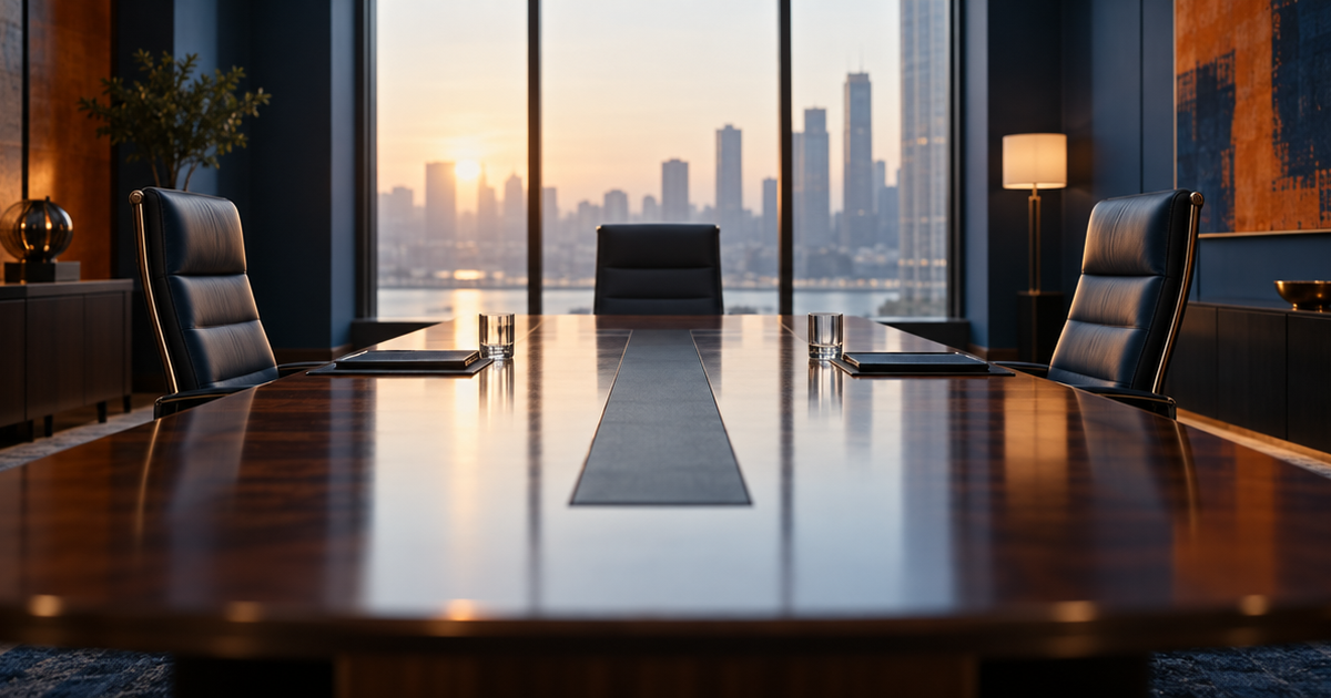 Business deadlock: two chairs facing each other across a boardroom table, with an empty third chair