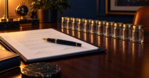 Earnout clause: a signed purchase agreement beside ten empty jars for unpaid milestones